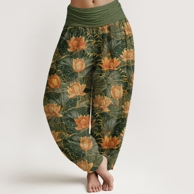 Buddha Stones Pantalones harem de mujer con cintura elástica y estampado de flor de loto, de algodón puro. - Verde oliva oscuro - US16，UK/AU20，EU48 (3XL) - image 5