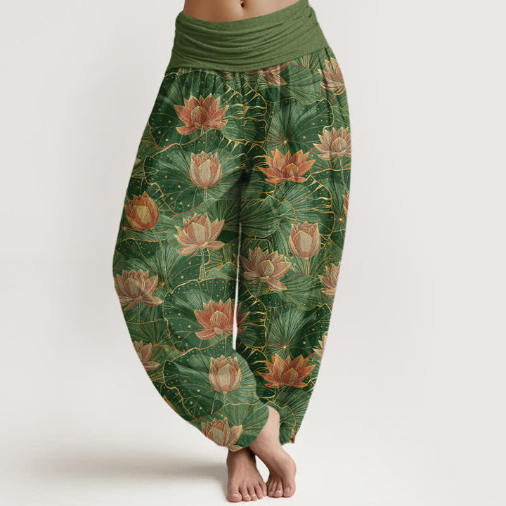 Buddha Stones Pantalones harem de mujer con cintura elástica y estampado de flor de loto, de algodón puro. - Verde bosque - US16，UK/AU20，EU48 (3XL) - image 8