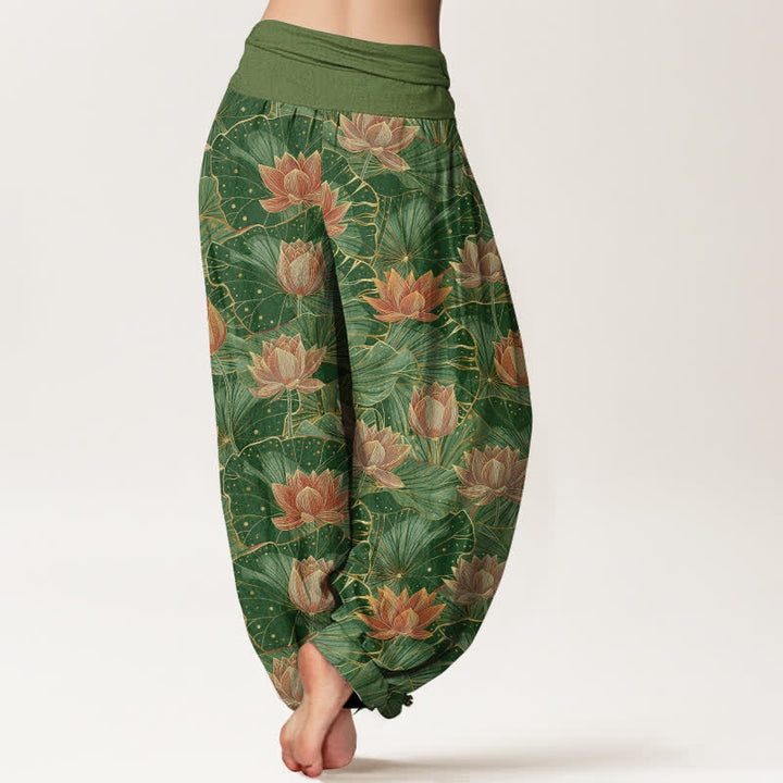 Buddha Stones Pantalones harem de mujer con cintura elástica y estampado de flor de loto, de algodón puro. - image 10