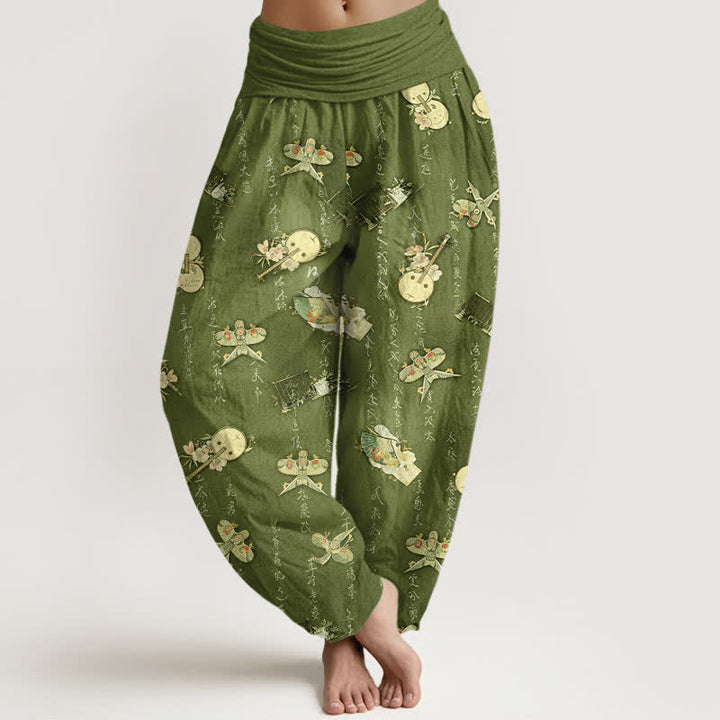 Buddha Stones Pantalones harem de mujer con cintura elástica y estampado de caligrafía de cometa, instrumento musical y algodón puro. - Verde oliva - US16，UK/AU20，EU48 (3XL) - image 0