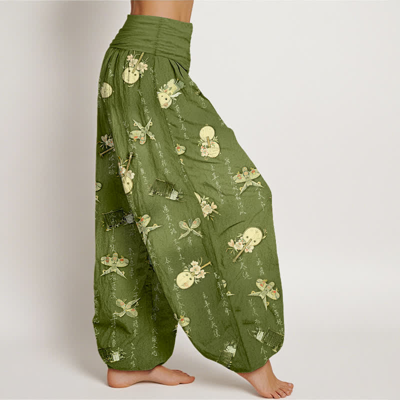 Buddha Stones Pantalones harem de mujer con cintura elástica y estampado de caligrafía de cometa, instrumento musical y algodón puro. - image 1