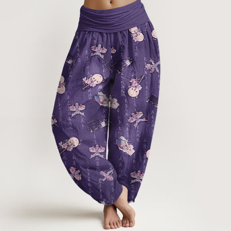 Buddha Stones Pantalones harem de mujer con cintura elástica y estampado de caligrafía de cometa, instrumento musical y algodón puro. - Índigo - US16，UK/AU20，EU48 (3XL) - image 5