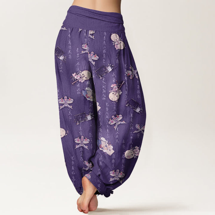 Buddha Stones Pantalones harem de mujer con cintura elástica y estampado de caligrafía de cometa, instrumento musical y algodón puro. - image 7