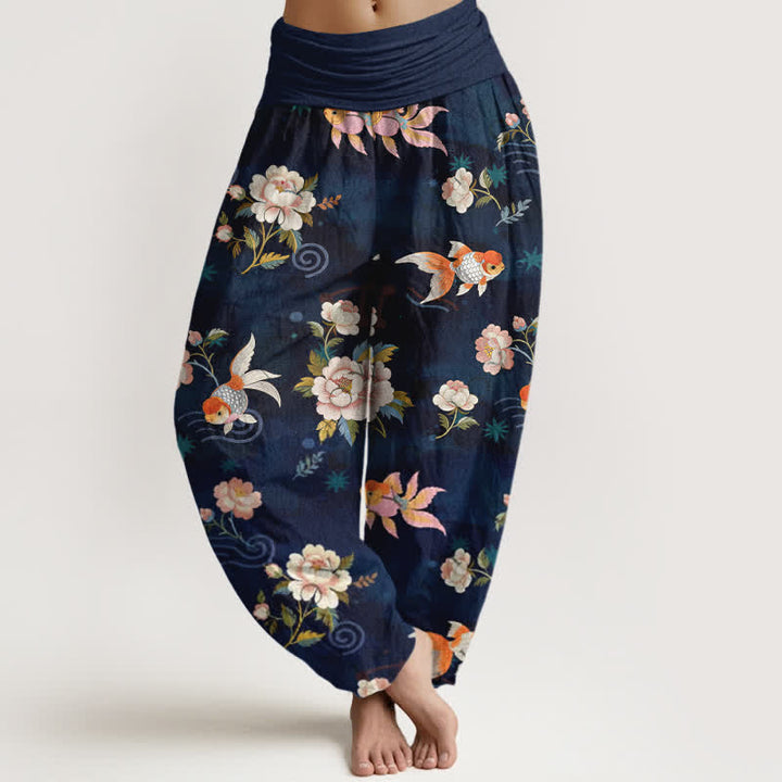 Buddha Stones Pantalones harem de algodón puro con estampado floral de peces koi para mujer con cintura elástica. - Azul medianoche - US16，UK/AU20，EU48 (3XL) - image 0