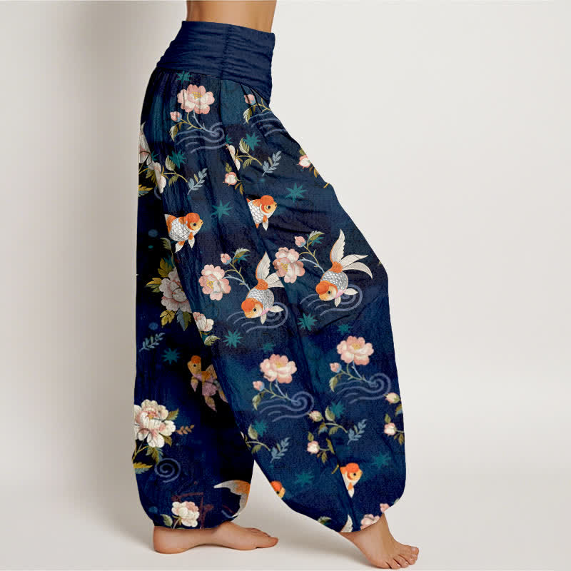 Buddha Stones Pantalones harem de algodón puro con estampado floral de peces koi para mujer con cintura elástica. - image 1