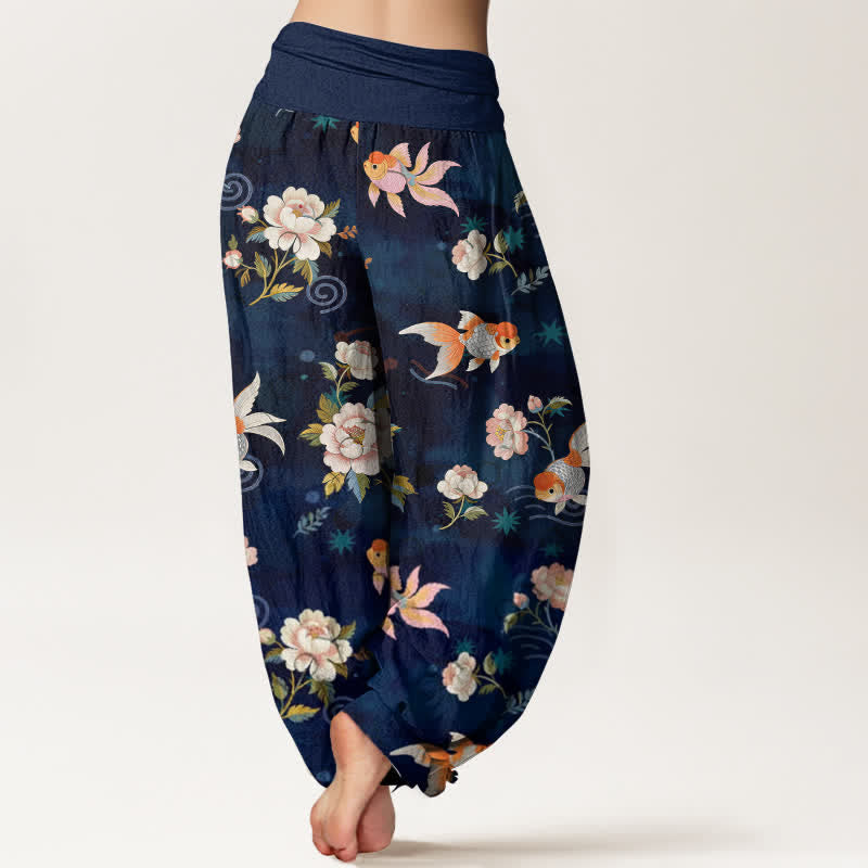 Buddha Stones Pantalones harem de algodón puro con estampado floral de peces koi para mujer con cintura elástica. - image 2