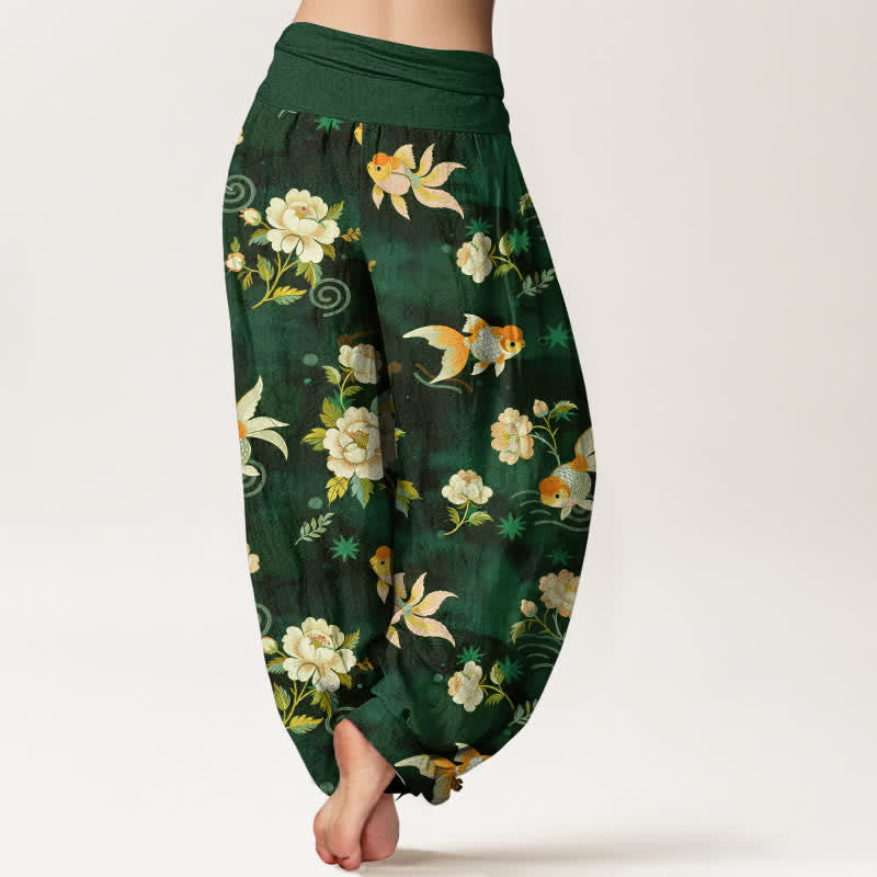 Buddha Stones Pantalones harem de algodón puro con estampado floral de peces koi para mujer con cintura elástica. - image 7