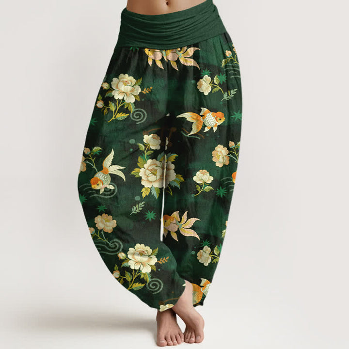 Buddha Stones Pantalones harem de algodón puro con estampado floral de peces koi para mujer con cintura elástica. - Verde oscuro - US16，UK/AU20，EU48 (3XL) - image 5