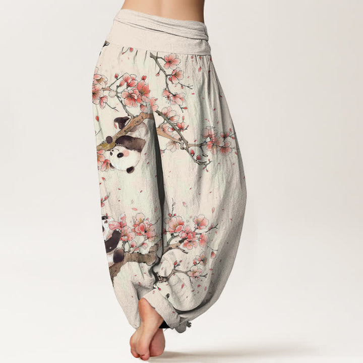 Buddha Stones Pantalones harem de algodón puro con estampado de panda y flores de cerezo para mujer, con cintura elástica. - image 2