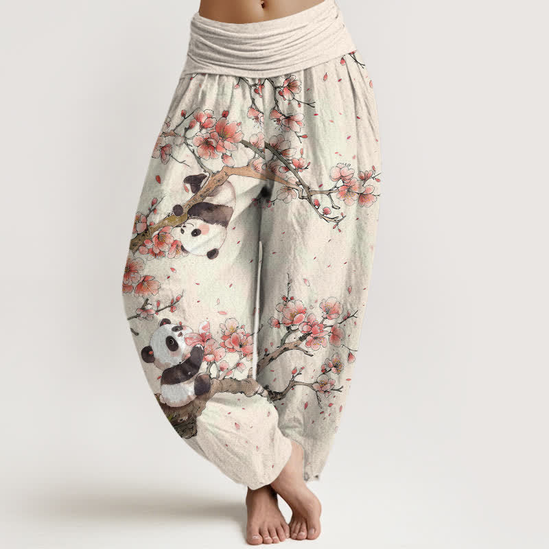 Buddha Stones Pantalones harem de algodón puro con estampado de panda y flores de cerezo para mujer, con cintura elástica. - Lino - US16，UK/AU20，EU48 (3XL) - image 0