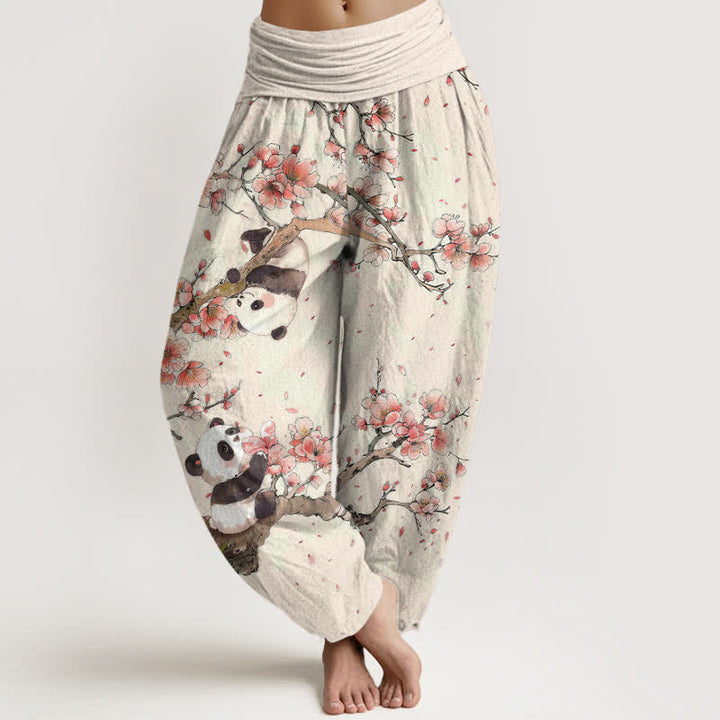 Buddha Stones Pantalones harem de algodón puro con estampado de panda y flores de cerezo para mujer, con cintura elástica. - Lino - US16，UK/AU20，EU48 (3XL) - image 0