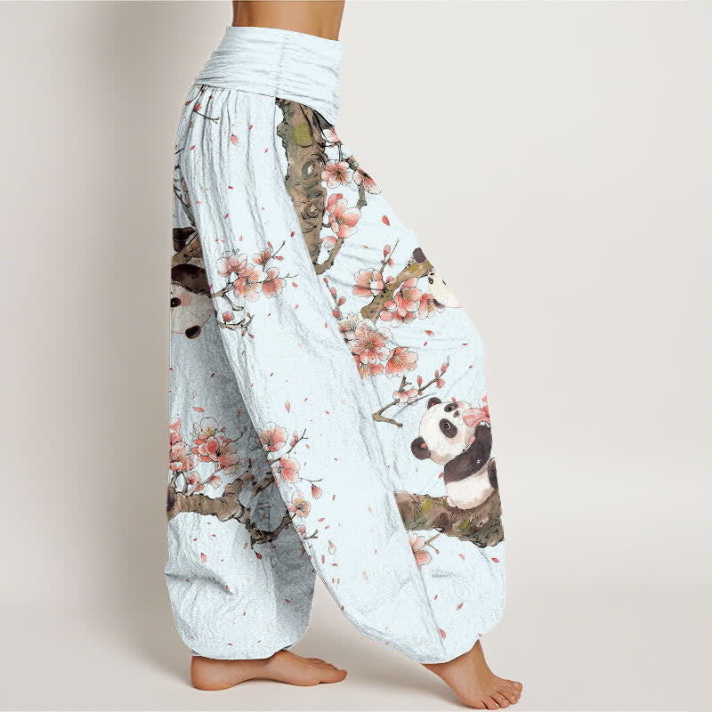 Buddha Stones Pantalones harem de algodón puro con estampado de panda y flores de cerezo para mujer, con cintura elástica. - image 6
