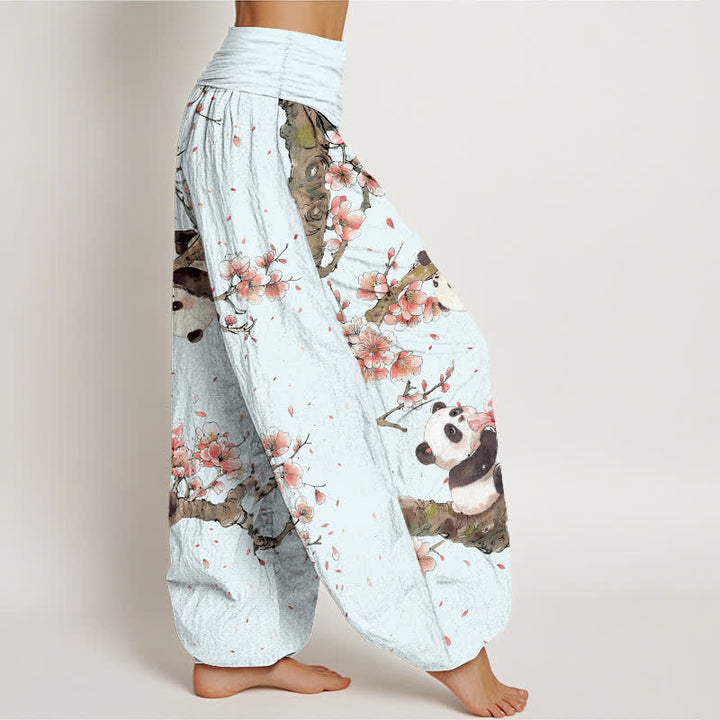 Buddha Stones Pantalones harem de algodón puro con estampado de panda y flores de cerezo para mujer, con cintura elástica. - image 6