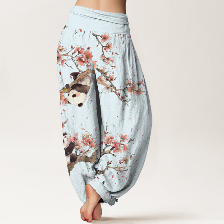Buddha Stones Pantalones harem de algodón puro con estampado de panda y flores de cerezo para mujer, con cintura elástica. - image 7