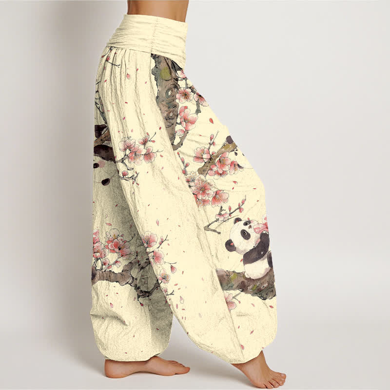 Buddha Stones Pantalones harem de algodón puro con estampado de panda y flores de cerezo para mujer, con cintura elástica. - image 9