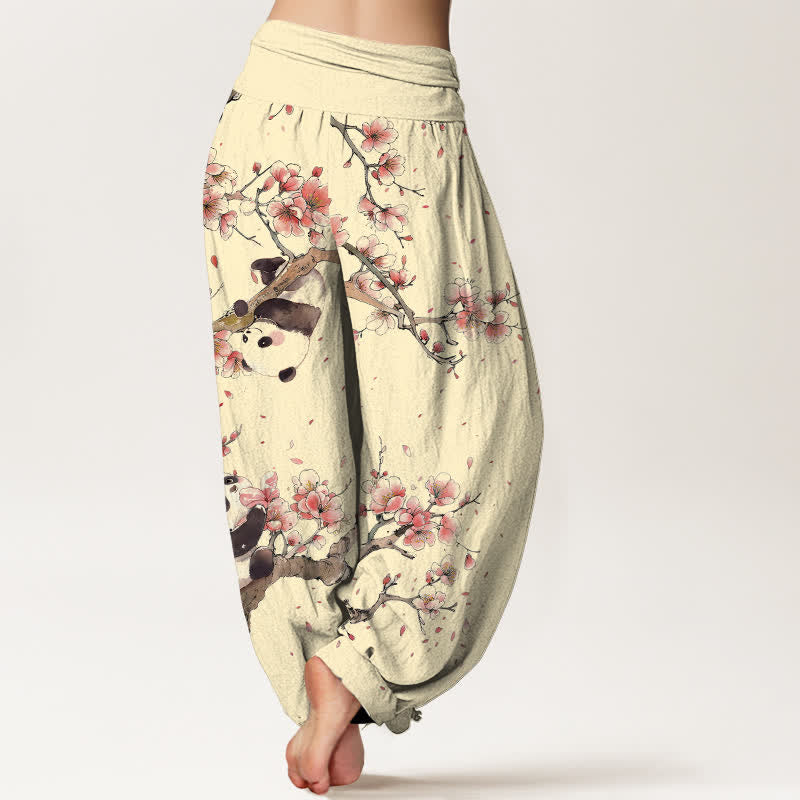 Buddha Stones Pantalones harem de algodón puro con estampado de panda y flores de cerezo para mujer, con cintura elástica. - image 10