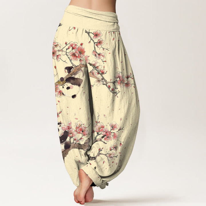 Buddha Stones Pantalones harem de algodón puro con estampado de panda y flores de cerezo para mujer, con cintura elástica. - image 10