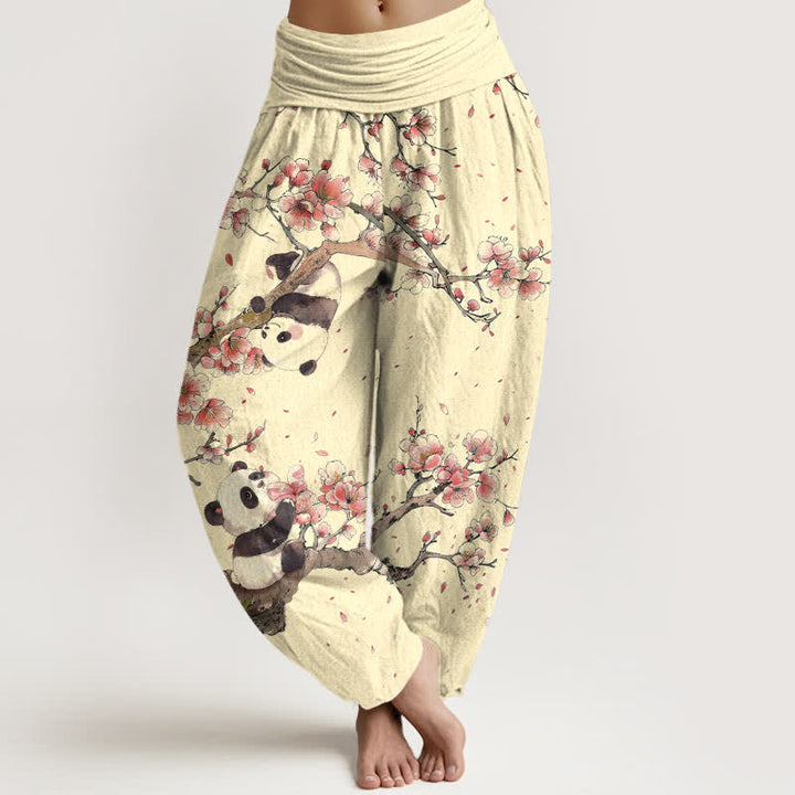 Buddha Stones Pantalones harem de algodón puro con estampado de panda y flores de cerezo para mujer, con cintura elástica. - Chifón de limón - US16，UK/AU20，EU48 (3XL) - image 8