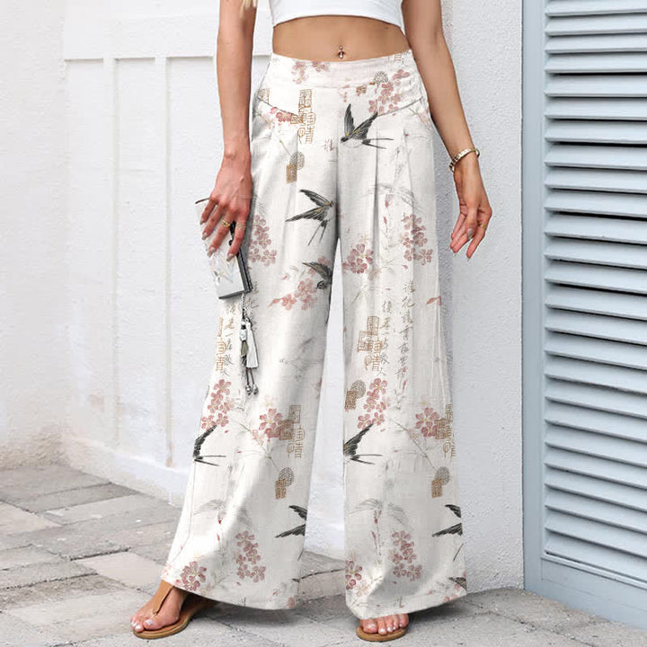 Buddha Stones Pantalones de mujer de lino y algodón con estampado floral de pájaros, cintura elástica y pernera ancha con bolsillos. - image 1