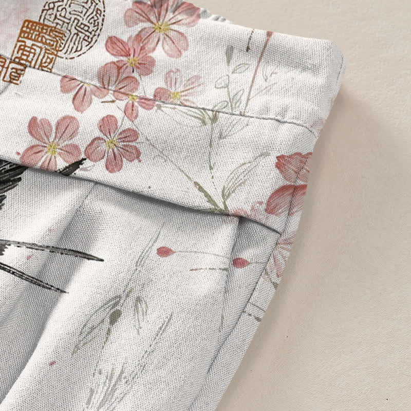 Buddha Stones Pantalones de mujer de lino y algodón con estampado floral de pájaros, cintura elástica y pernera ancha con bolsillos. - image 3