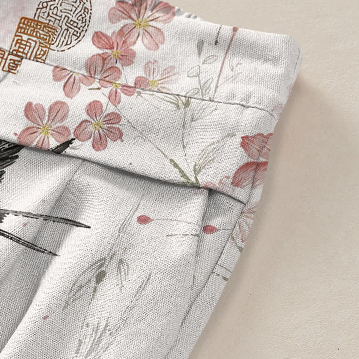 Buddha Stones Pantalones de mujer de lino y algodón con estampado floral de pájaros, cintura elástica y pernera ancha con bolsillos. - image 3