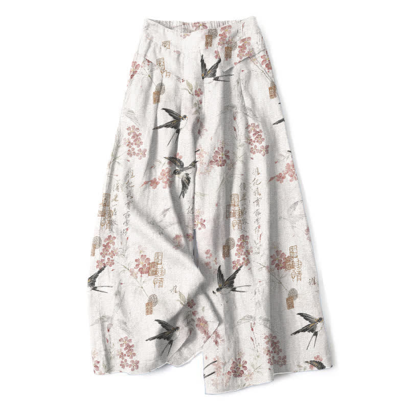 Buddha Stones Pantalones de mujer de lino y algodón con estampado floral de pájaros, cintura elástica y pernera ancha con bolsillos. - Blanco - US16，UK/AU20，EU48 (3XL) - image 0