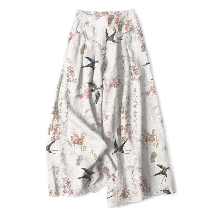 Buddha Stones Pantalones de mujer de lino y algodón con estampado floral de pájaros, cintura elástica y pernera ancha con bolsillos. - Blanco - US16，UK/AU20，EU48 (3XL) - image 0