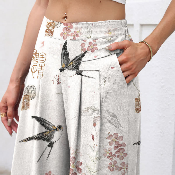 Buddha Stones Pantalones de mujer de lino y algodón con estampado floral de pájaros, cintura elástica y pernera ancha con bolsillos. - image 2