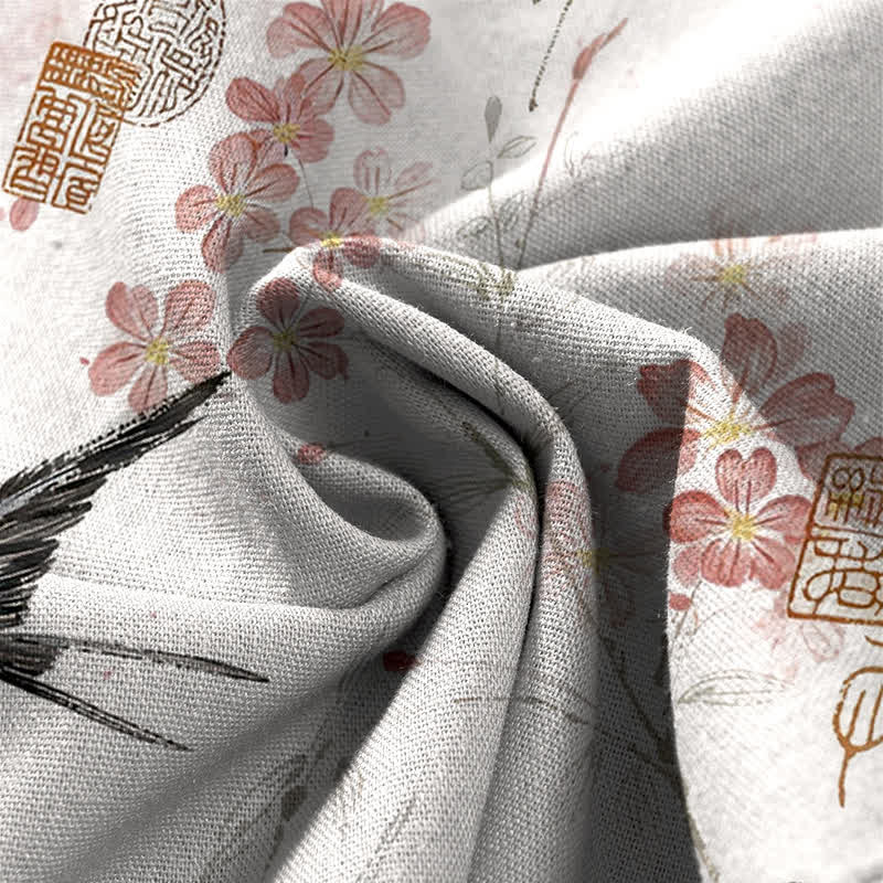 Buddha Stones Pantalones de mujer de lino y algodón con estampado floral de pájaros, cintura elástica y pernera ancha con bolsillos. - image 4