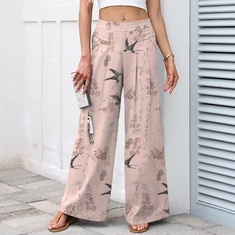 Buddha Stones Pantalones de mujer de lino y algodón con estampado floral de pájaros, cintura elástica y pernera ancha con bolsillos. - image 6
