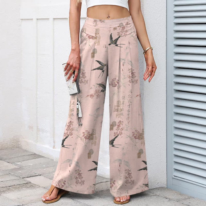 Buddha Stones Pantalones de mujer de lino y algodón con estampado floral de pájaros, cintura elástica y pernera ancha con bolsillos. - image 6
