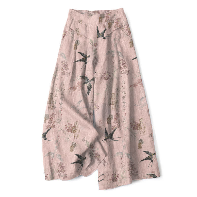Buddha Stones Pantalones de mujer de lino y algodón con estampado floral de pájaros, cintura elástica y pernera ancha con bolsillos. - rosa claro - US16，UK/AU20，EU48 (3XL) - image 5