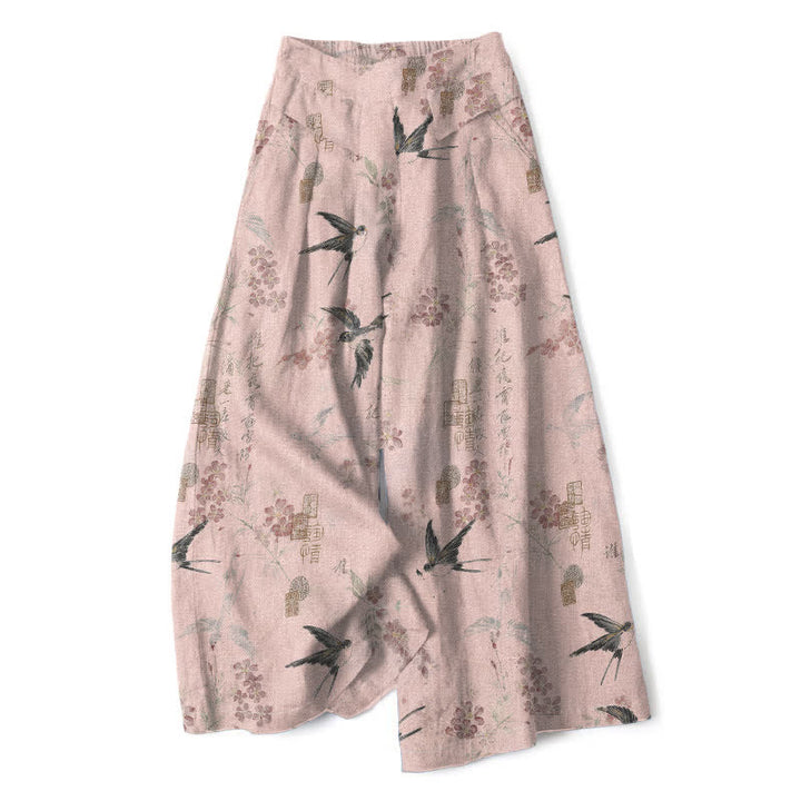 Buddha Stones Pantalones de mujer de lino y algodón con estampado floral de pájaros, cintura elástica y pernera ancha con bolsillos. - rosa claro - US16，UK/AU20，EU48 (3XL) - image 5