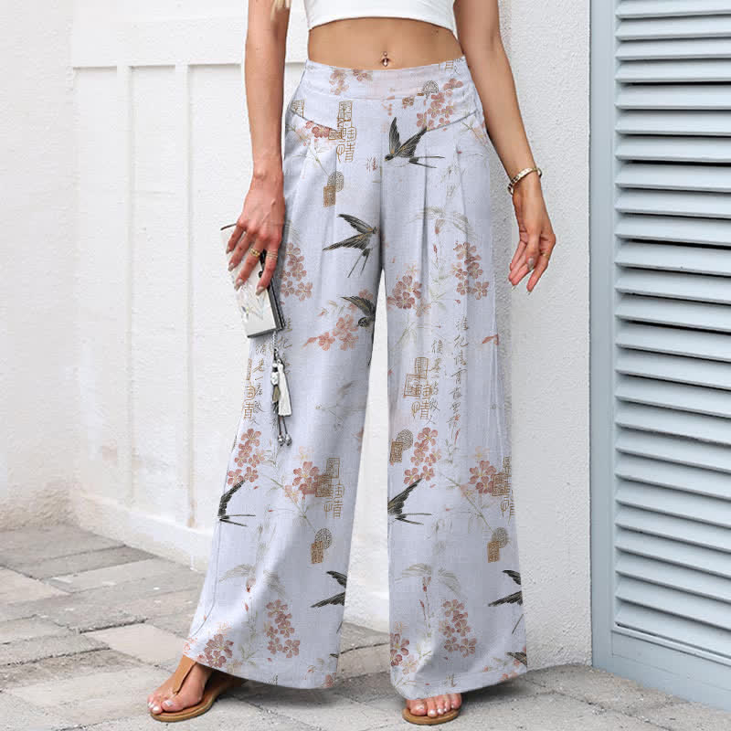 Buddha Stones Pantalones de mujer de lino y algodón con estampado floral de pájaros, cintura elástica y pernera ancha con bolsillos. - image 8