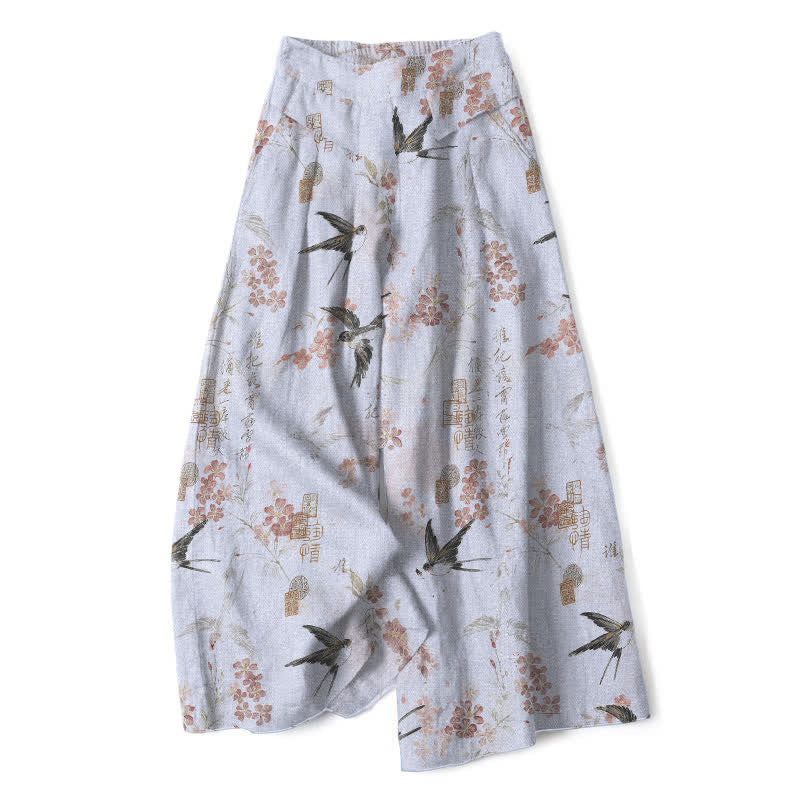 Buddha Stones Pantalones de mujer de lino y algodón con estampado floral de pájaros, cintura elástica y pernera ancha con bolsillos. - Azul acero claro - US16，UK/AU20，EU48 (3XL) - image 7