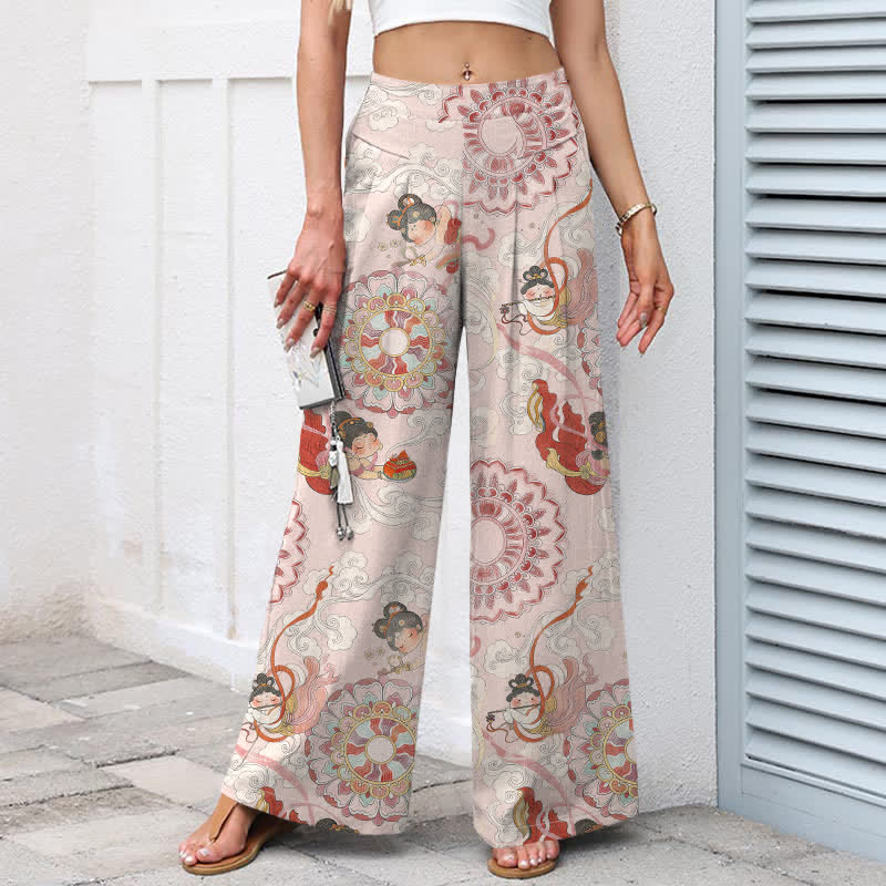 Buddha Stones Pantalones de mujer de algodón y lino con estampado floral de hadas, cintura elástica y pernera ancha con bolsillos. - image 1