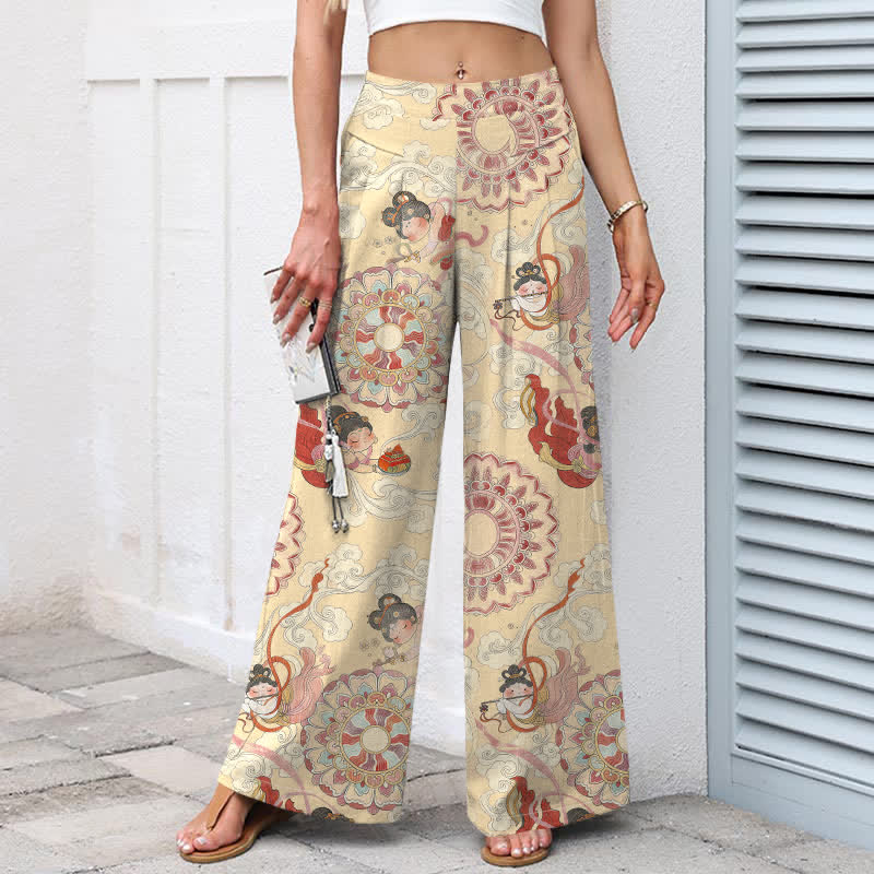 Buddha Stones Pantalones de mujer de algodón y lino con estampado floral de hadas, cintura elástica y pernera ancha con bolsillos. - image 6