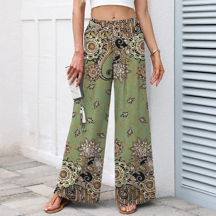 Buddha Stones Pantalones de mujer de algodón y lino con estampado bohemio de mandala, cintura elástica y pernera ancha con bolsillos. - image 1