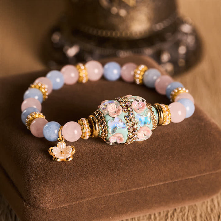 Buddha Stones Colgante de flor de cuentas redondas de cobre con calcedonia azul y cuarzo rosa, pulsera - Calcedonia azul cuarzo rosa (circunferencia de la muñeca: 15–16 cm) - image 0
