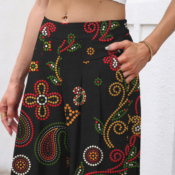 Buddha Stones Pantalones de mujer de algodón y lino con estampado floral de inspiración folclórica, cintura elástica, pernera ancha y bolsillos. - image 2