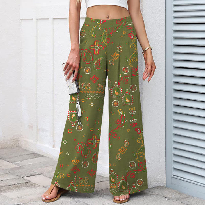Buddha Stones Pantalones de mujer de algodón y lino con estampado floral de inspiración folclórica, cintura elástica, pernera ancha y bolsillos. - image 6