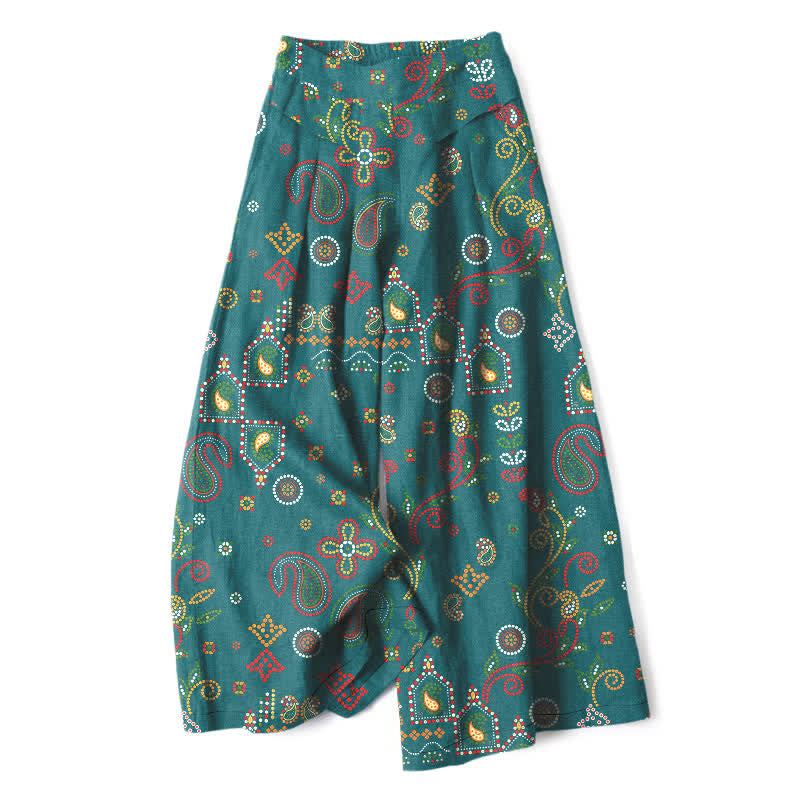 Buddha Stones Pantalones de mujer de algodón y lino con estampado floral de inspiración folclórica, cintura elástica, pernera ancha y bolsillos. - Verde azulado - US16，UK/AU20，EU48 (3XL) - image 7