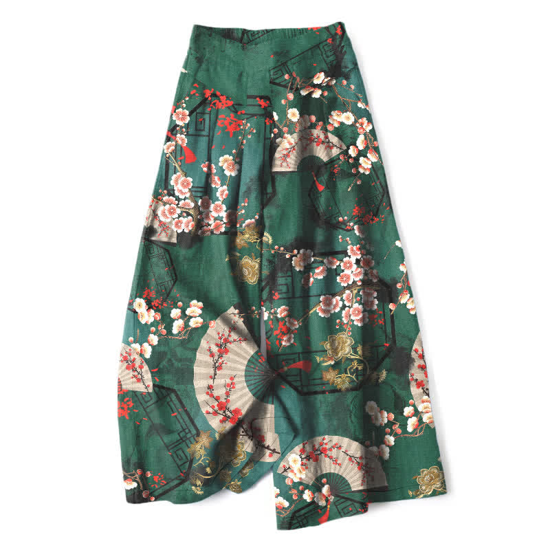 Buddha Stones Pantalones de mujer de algodón y lino con estampado floral oriental en forma de abanico, cintura elástica y pernera ancha con bolsillos. - Verde oscuro - US16，UK/AU20，EU48 (3XL) - image 0