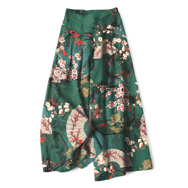 Buddha Stones Pantalones de mujer de algodón y lino con estampado floral oriental en forma de abanico, cintura elástica y pernera ancha con bolsillos. - Verde oscuro - US16，UK/AU20，EU48 (3XL) - image 0
