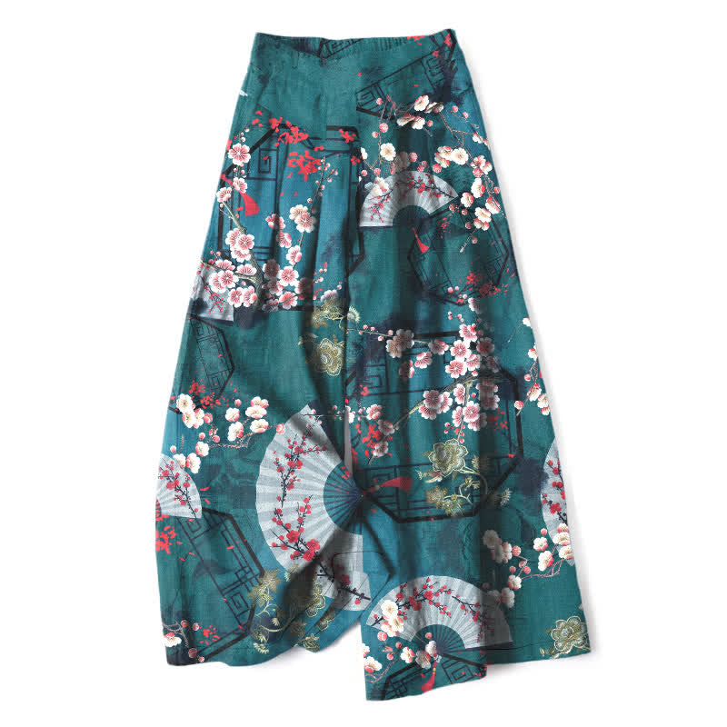 Buddha Stones Pantalones de mujer de algodón y lino con estampado floral oriental en forma de abanico, cintura elástica y pernera ancha con bolsillos. - Verde azulado - US16，UK/AU20，EU48 (3XL) - image 5