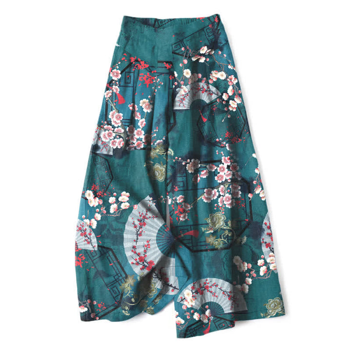 Buddha Stones Pantalones de mujer de algodón y lino con estampado floral oriental en forma de abanico, cintura elástica y pernera ancha con bolsillos. - Verde azulado - US16，UK/AU20，EU48 (3XL) - image 5