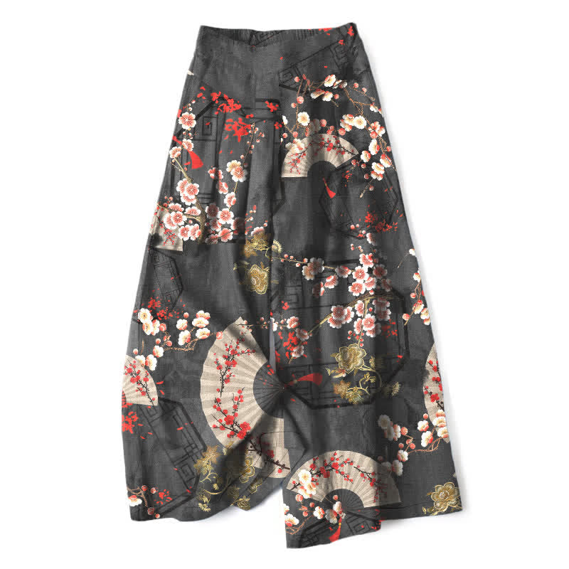 Buddha Stones Pantalones de mujer de algodón y lino con estampado floral oriental en forma de abanico, cintura elástica y pernera ancha con bolsillos. - Gris oscuro - US16，UK/AU20，EU48 (3XL) - image 7