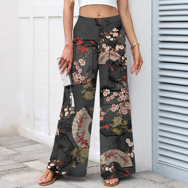 Buddha Stones Pantalones de mujer de algodón y lino con estampado floral oriental en forma de abanico, cintura elástica y pernera ancha con bolsillos. - image 8