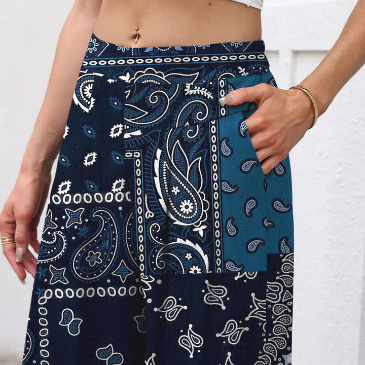 Buddha Stones Pantalones de mujer de algodón y lino con estampado paisley vintage, cintura elástica, pernera ancha y bolsillos. - image 2