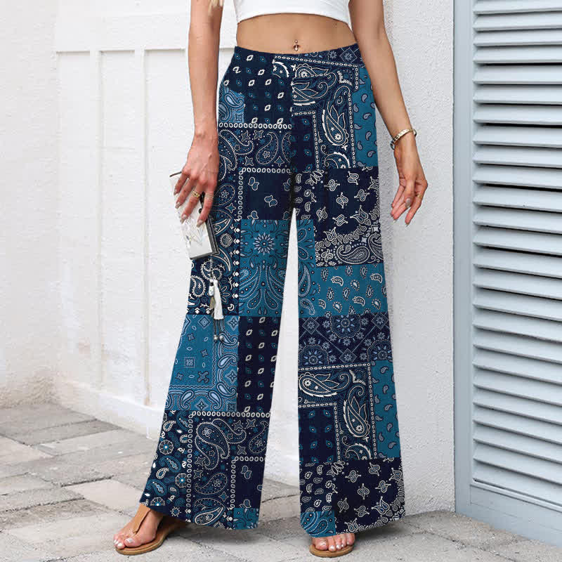 Buddha Stones Pantalones de mujer de algodón y lino con estampado paisley vintage, cintura elástica, pernera ancha y bolsillos. - image 1
